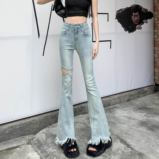 Fringed Burr Slightly Flared Jeans Women - Mubimart