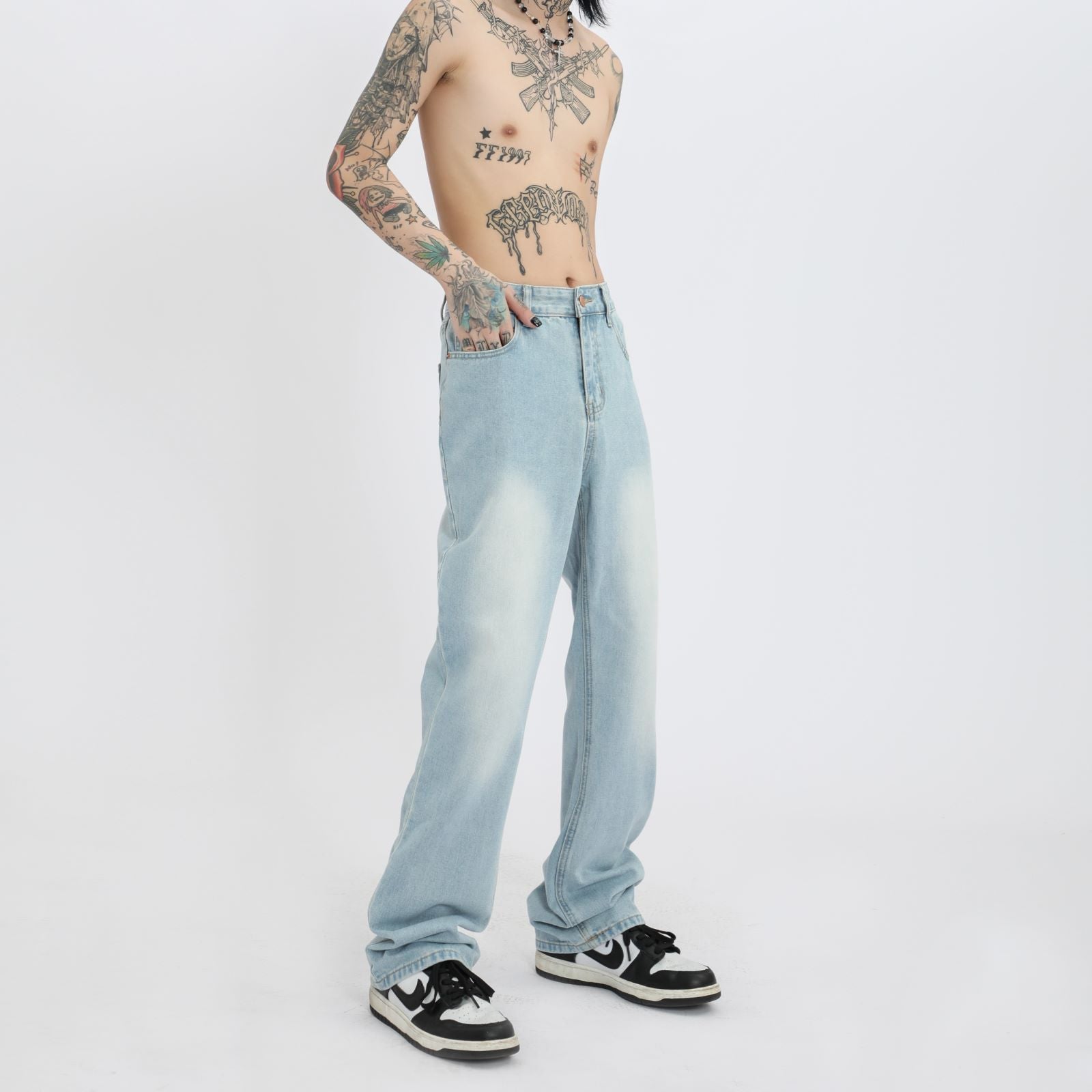 Eisblaue High Street Jeans-Bootcut-Hose im Used-Look