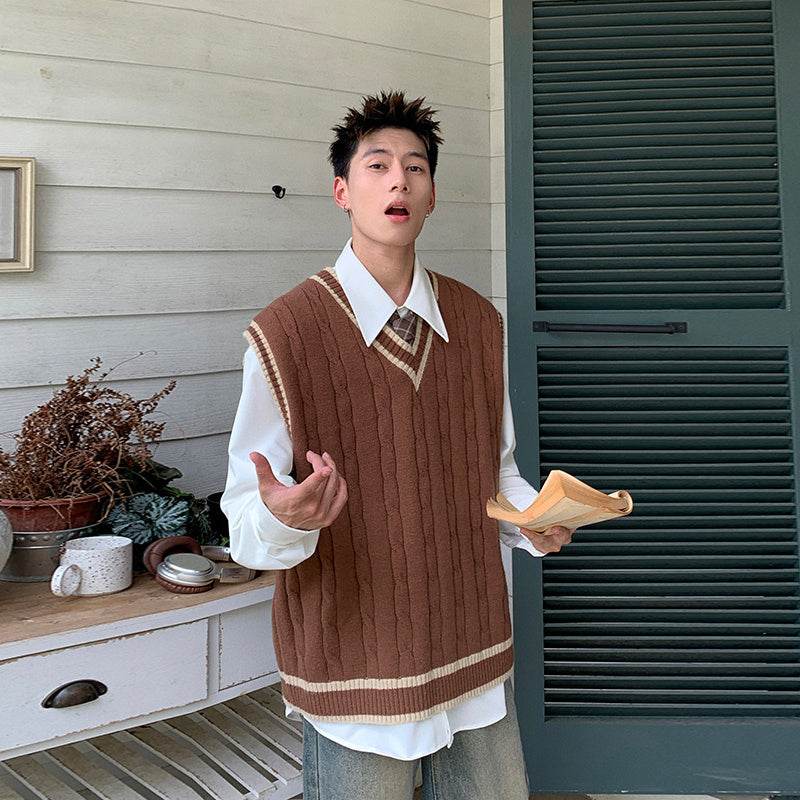 Male Retro V-neck College Style Sweater Vest - Mubimart