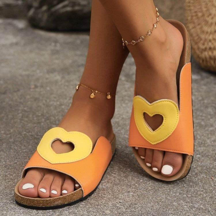 New Hollow Love Sandals With Heart-shape Design Fashion Summer Flat Slides Shoes Casual Vacation Beach Slippers For Women - Mubimart