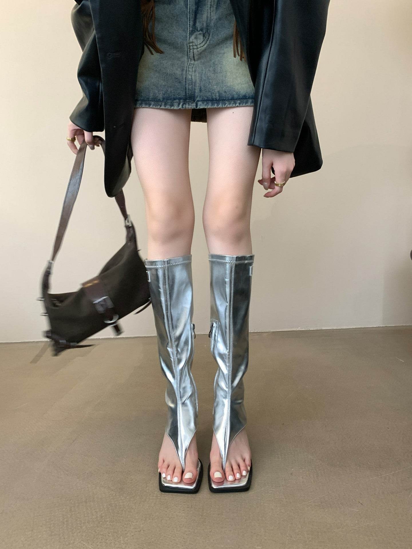 High Heel Sandal Toe Covering Leather Boots All-matching Outer Wear - Mubimart