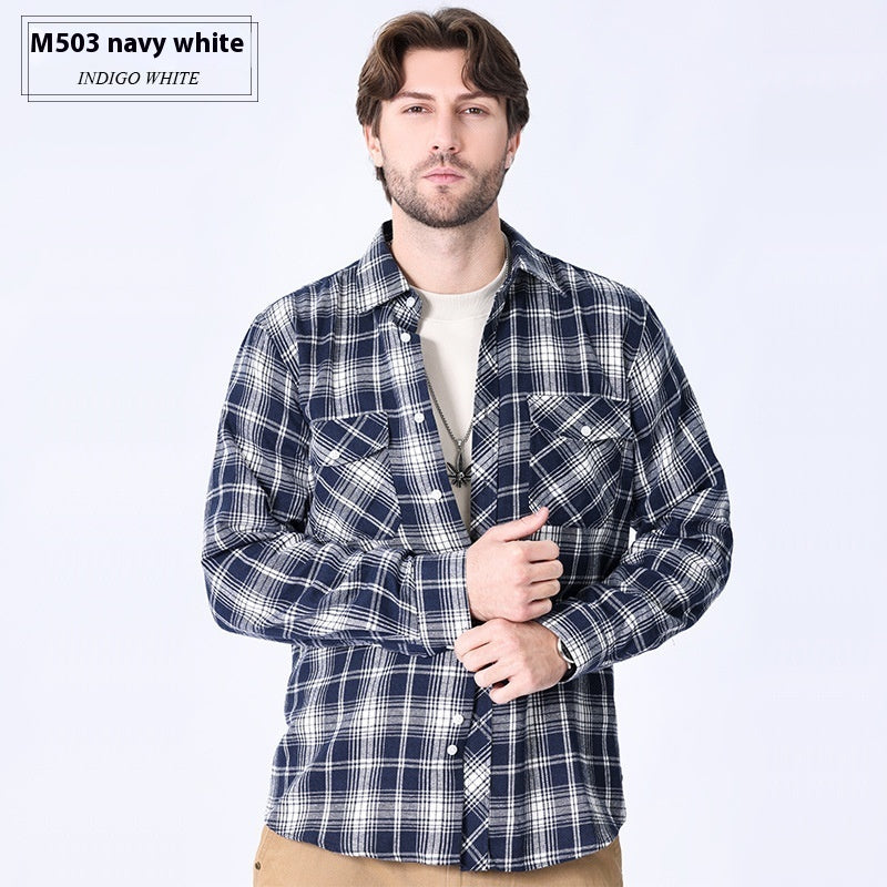 Vintage Flannel Men's Long Sleeve Brushed Plaid Shirt Coat