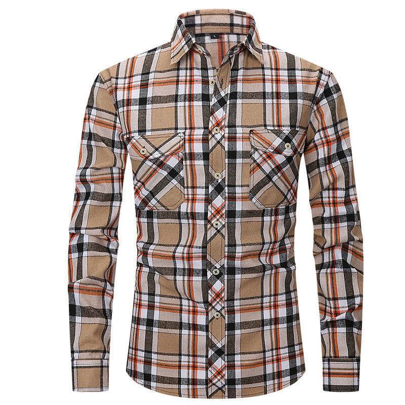 Men's Long Sleeve Double Pocket Flannel Shirt With Brushed Plaid - Mubimart
