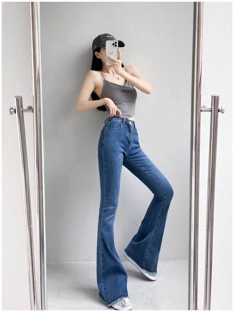 Autumn And Winter Fashion Small High Waist Raw Hem Jeans Retro Distressed Small Man Stretchy Wide-leg Slim Flare Pants - Mubimart