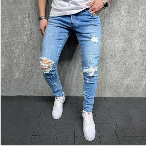 Fashion Light Blue Ripped Slim Fit Jeans - Mubimart