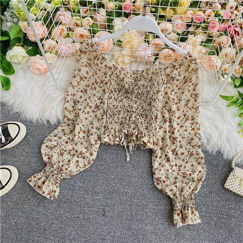 Sweet Square Neck Blouse Floral Chiffon Shirt Women - Mubimart
