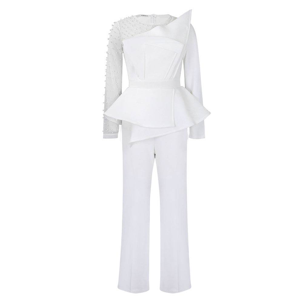 Long Sleeve Mesh Splicing Beads Banquet Plus Size Jumpsuit - Mubimart