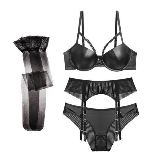 Motorcycle Leather Push Up Bra Set - Mubimart