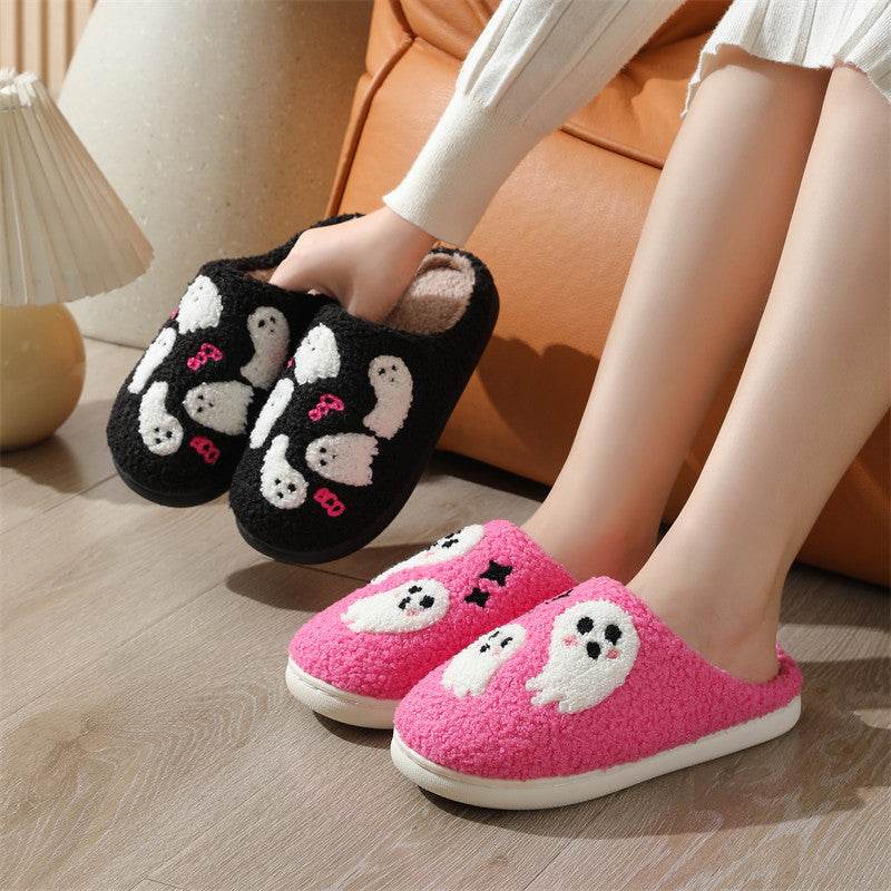 Halloween Cartoon Ghost Cotton Slippers For Women Indoor Non-slip Bedroom Floor Slipper Winter House Shoes - Mubimart