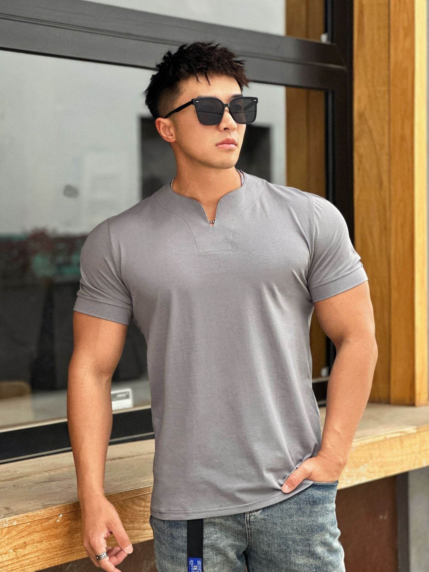 Men's Fashion Loose V-neck Short-sleeved Shirt Workout Exercise T-shirt - Mubimart