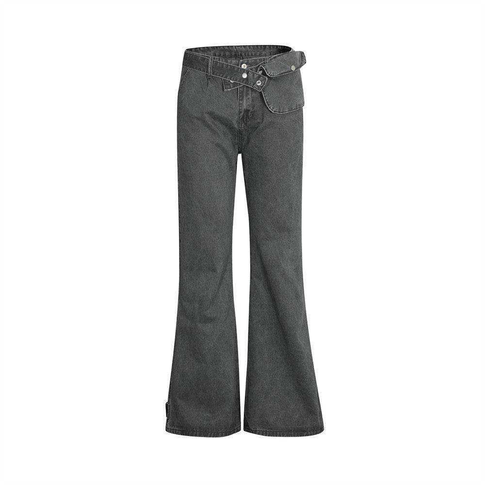Removable Belt Pocket Bootcut Trousers Jeans - Mubimart