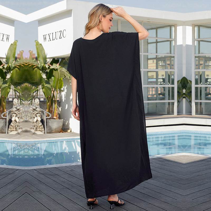 Rayon Embroidered Holiday Loose Plus Size Robe Dress - Mubimart