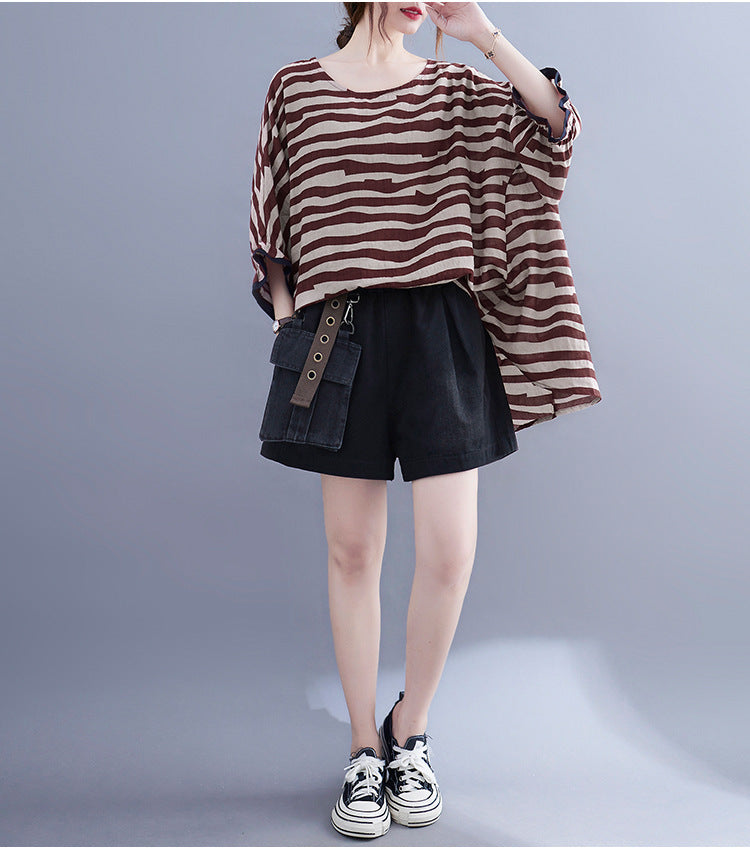 Summer Women's Loose Plus Size Striped Batwing Sleeve T-shirt - Mubimart -  