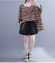 Summer Women's Loose Plus Size Striped Batwing Sleeve T-shirt - Mubimart -  