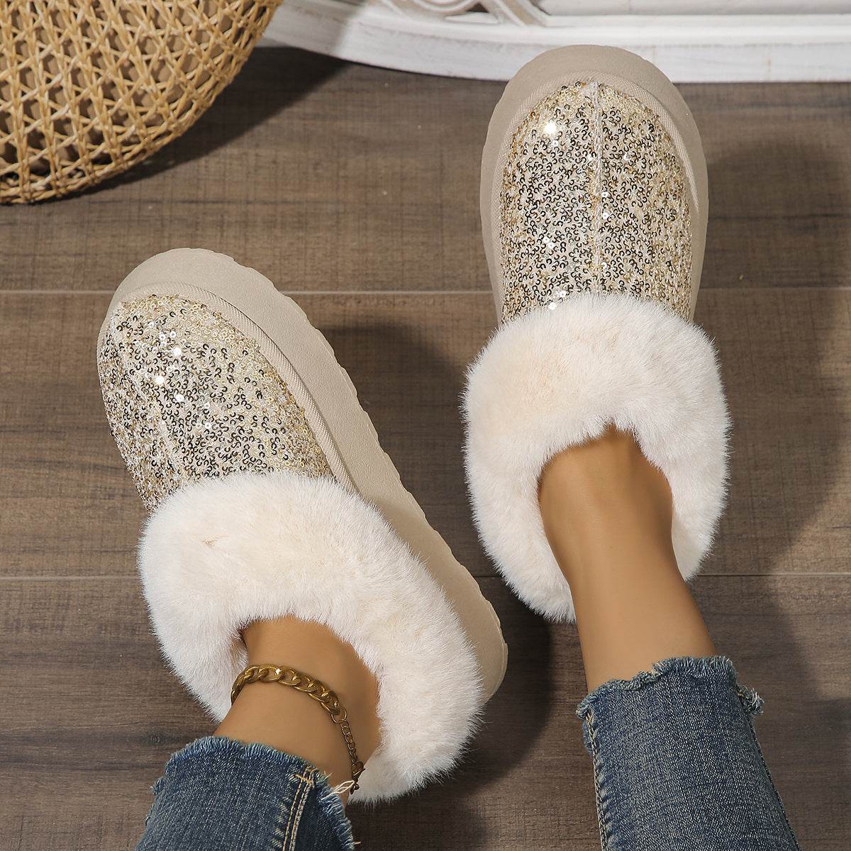 Fashion Sequined Thick-soled Plush Shoes Winter Indoor And Outdoor Casual Warm Slippers Women Garden House Shoes - Mubimart
