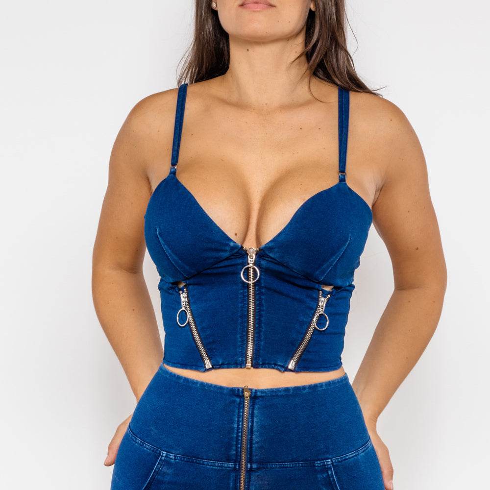 Shascullfites Melody Shapers Dark Blue Denim Camis Zippers Crop Top Women Slim Fit Tops Sleeveless Straps Tank Top - Mubimart