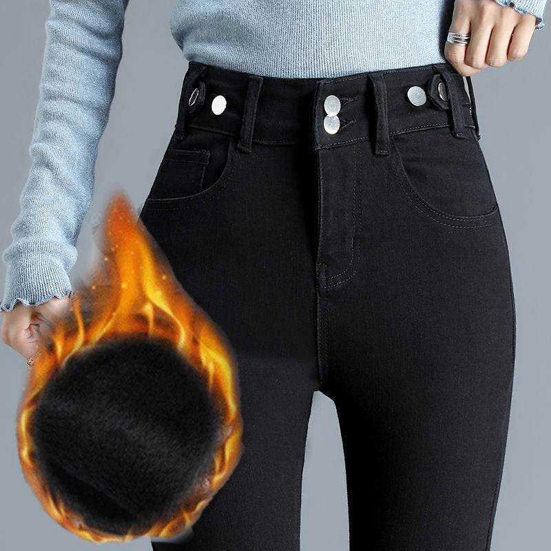 High Waist Stretch Jeans Tight And Warm Skinny Pants Women - Mubimart