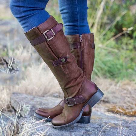 Round Head Casual Low Heel Tall Knight Boots - Mubimart