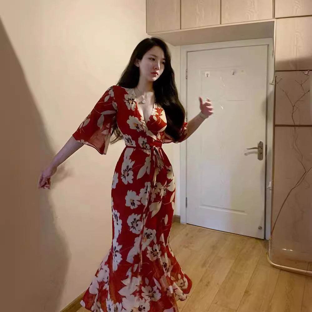 Plus Size Red For Women Printed V-neck Dress - Mubimart