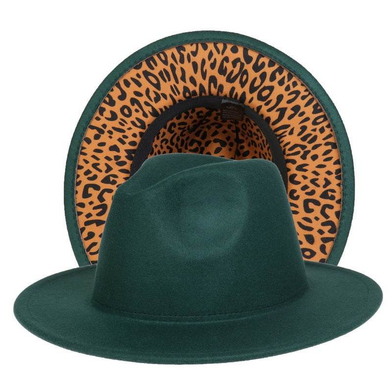 Double-sided Color-blocking Leopard Print Woolen Fedora Hat - Mubimart