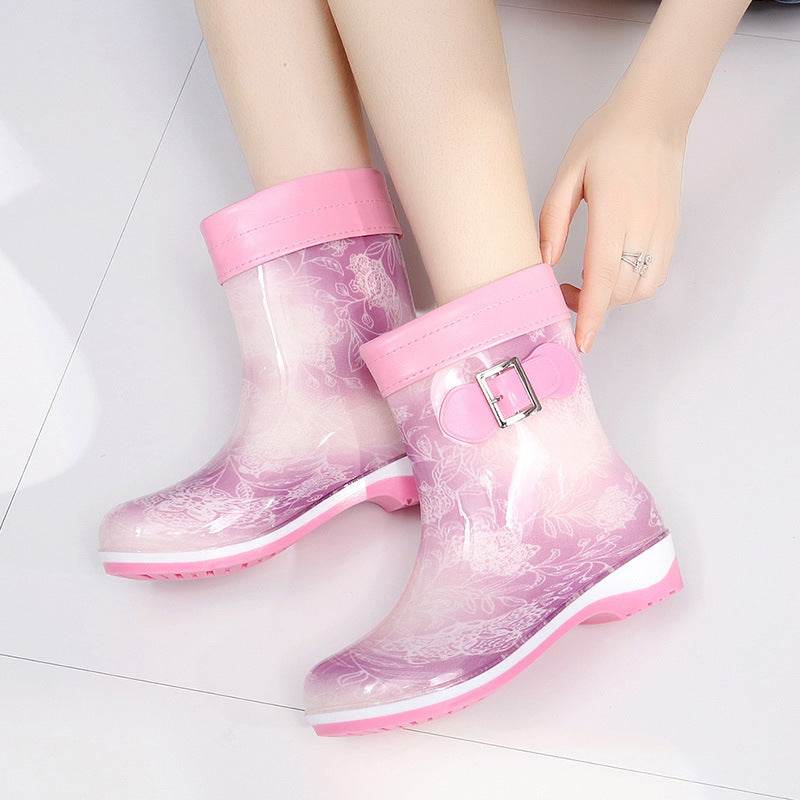 Warm And Velvet Rain Boots Mid-tube Flat Rain Boots - Mubimart