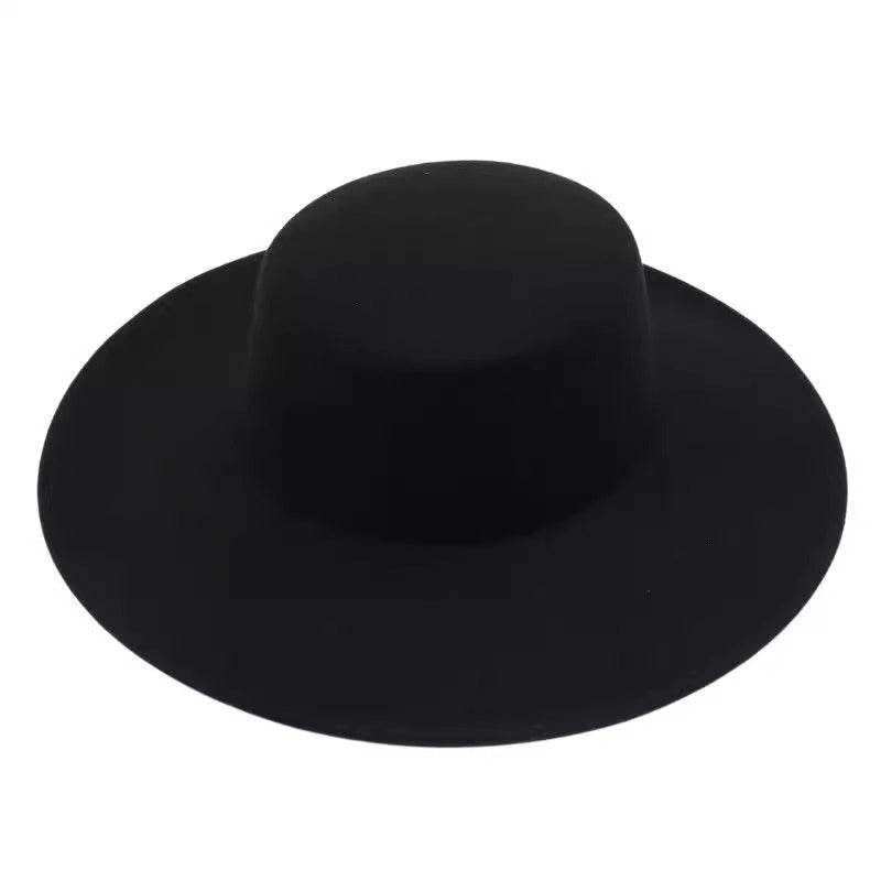 Flat Top Woolen Hat Big Brim Fedora Hat Hepburn Style - Mubimart
