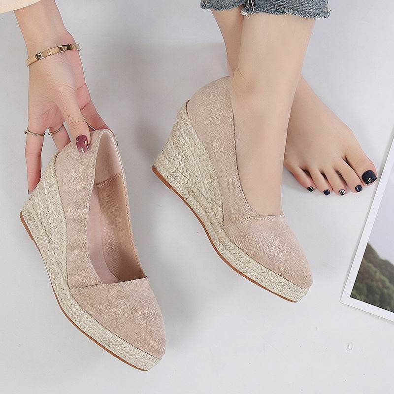 Pointed Toe Platform High Heel Work Shoes Thick Heel Straw Woven - Mubimart