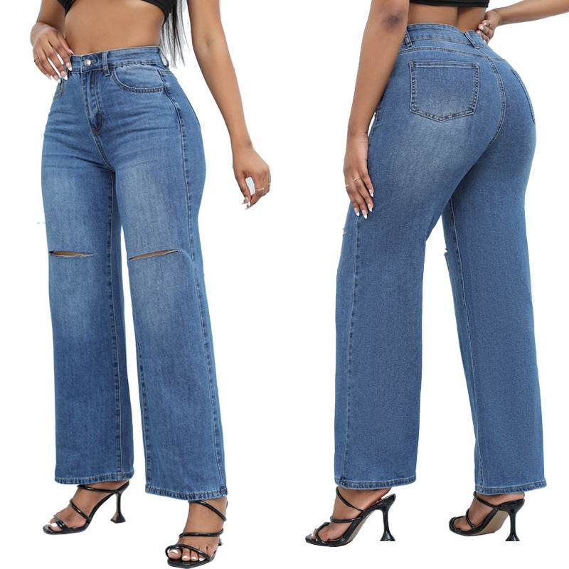 Elegant Ripped Wide-leg Jeans Women - Mubimart