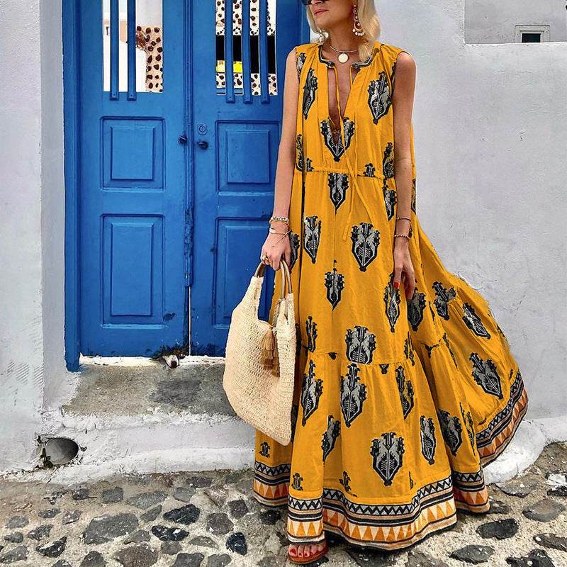 Women's Sleeveless Midi Printed Dress - Mubimart