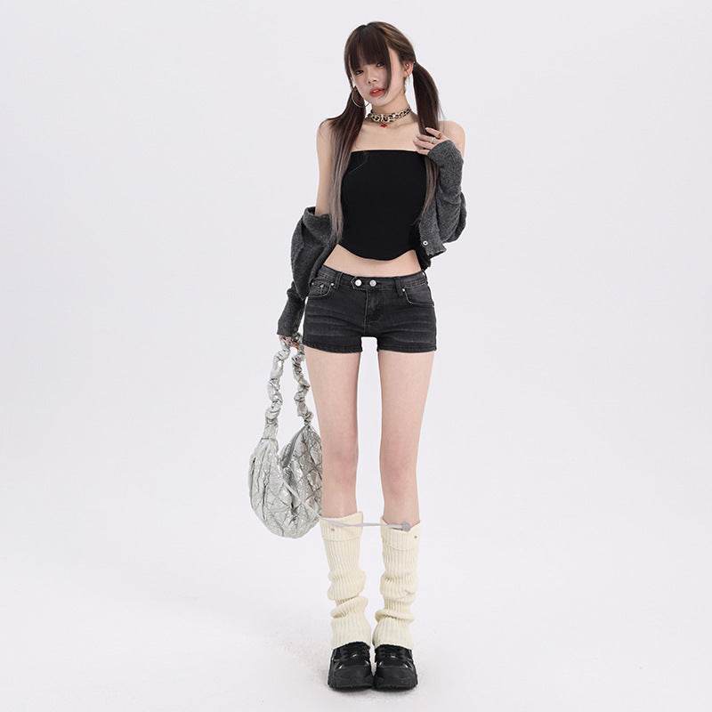 Elastic Low Waist Denim Shorts For Women - Mubimart