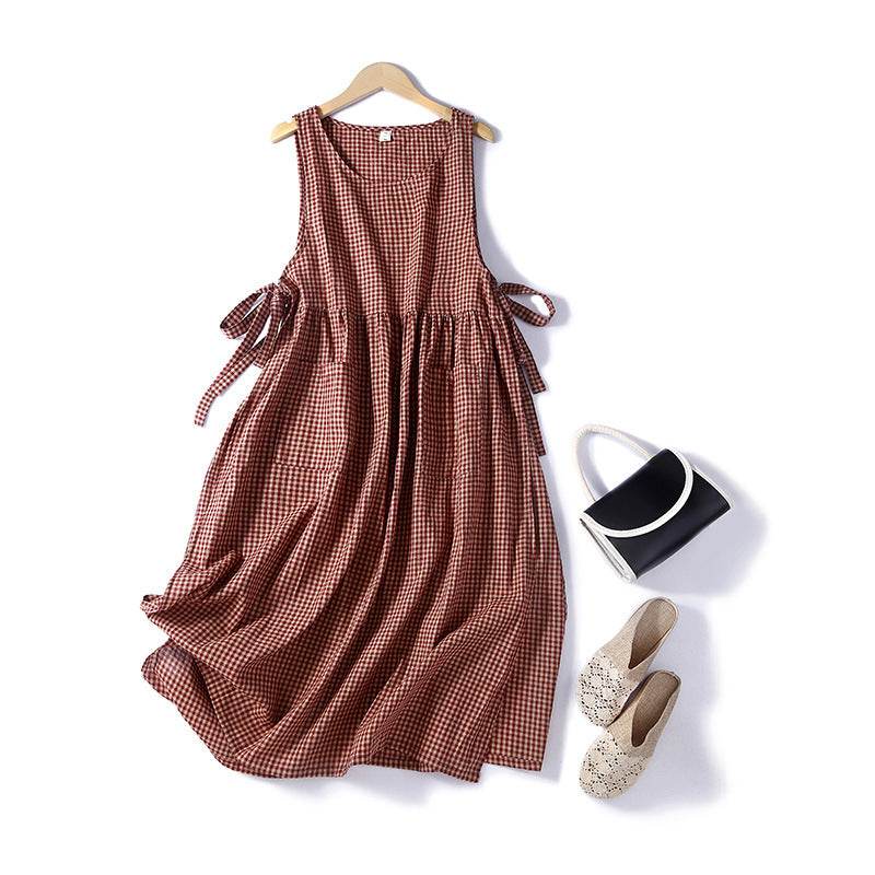 Sleeveless Lace Work Clothes Cotton Linen One-piece Dress - Mubimart