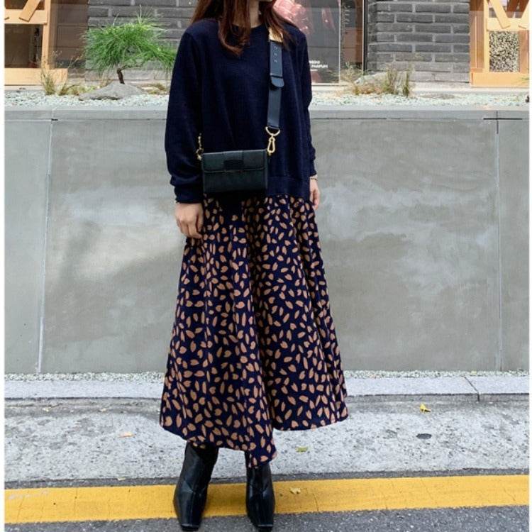 Plus Size Women's Long-sleeved T-shirt Stitching Print Big Swing Dress - Mubimart