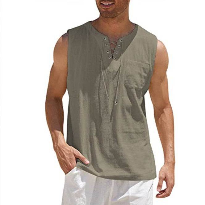 Summer Tank Vest Men Shirt Collar Tie Short Sleeve T-Shirt - Mubimart