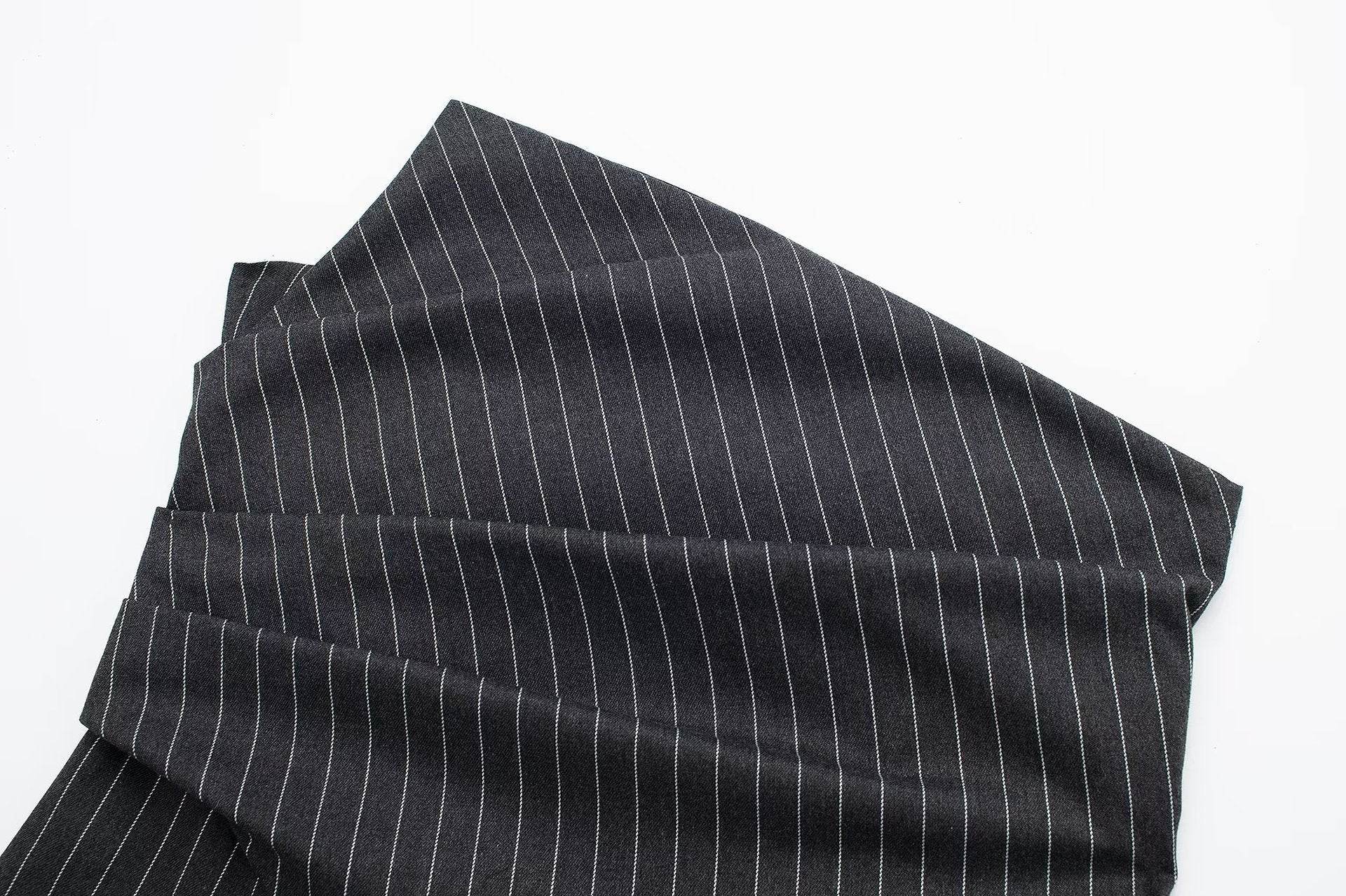 Diagonal Neck Pinstripe Tight Pleated Corset Top - Mubimart