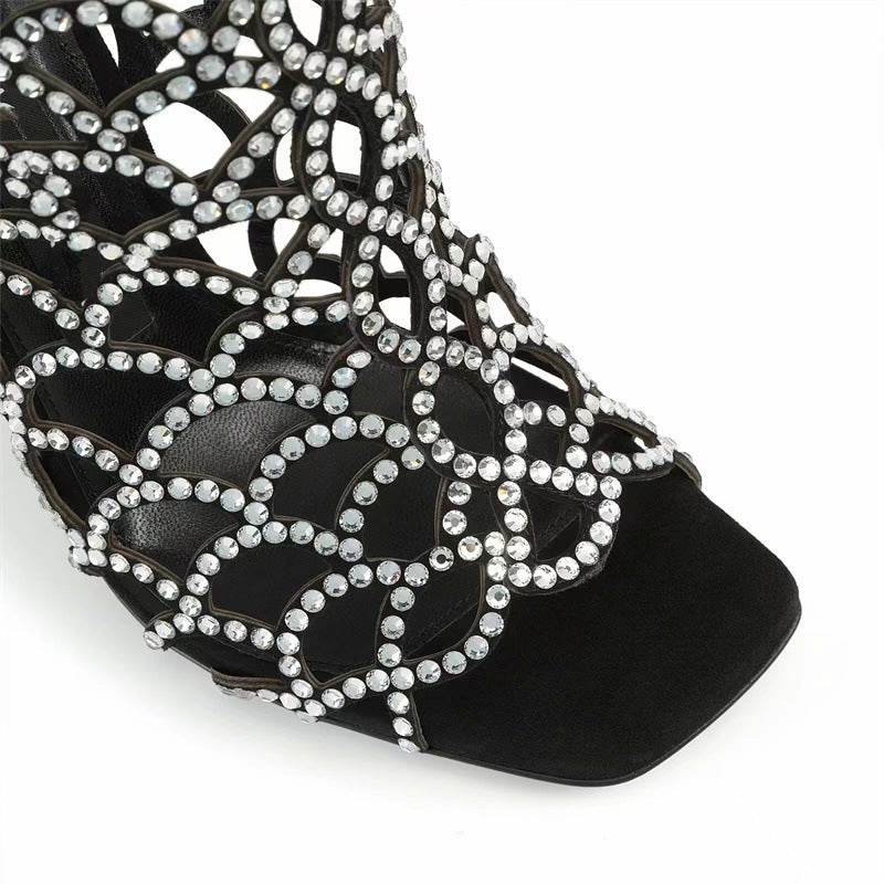 Women's Peep Toe Rhinestone Hollow High Heels - Mubimart