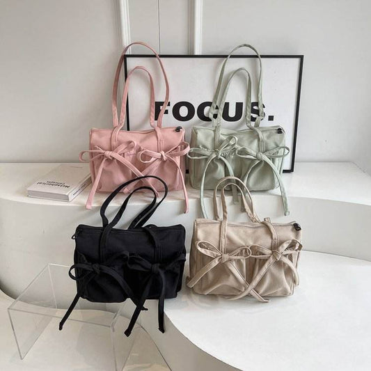 Bow Zipper Tote Large Capacity Shoulder Bag Women - Mubimart