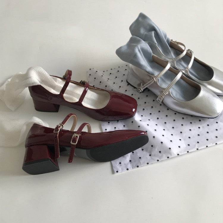 French Retro Square Head Silver Mary Jane Shoes - Mubimart