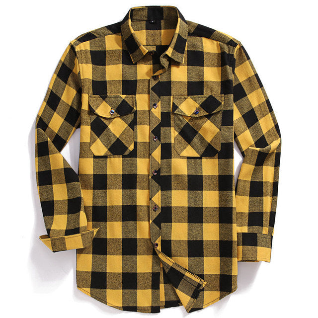 New Men Casual Plaid Flannel Shirt Long-Sleeved Chest Two