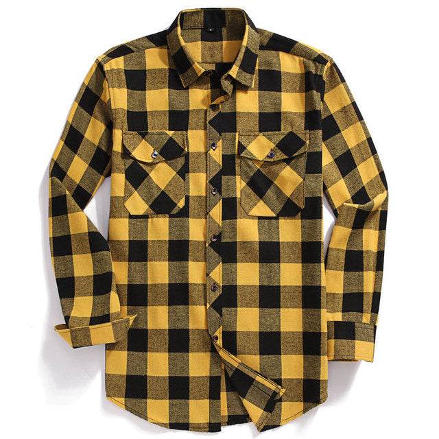 New Men Casual Plaid Flannel Shirt Long-Sleeved Chest Two - Mubimart