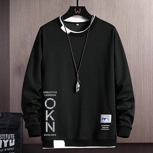 New Mens Casual Sweatshirts Hoodie Fake Two Pieces Letter Print - Mubimart