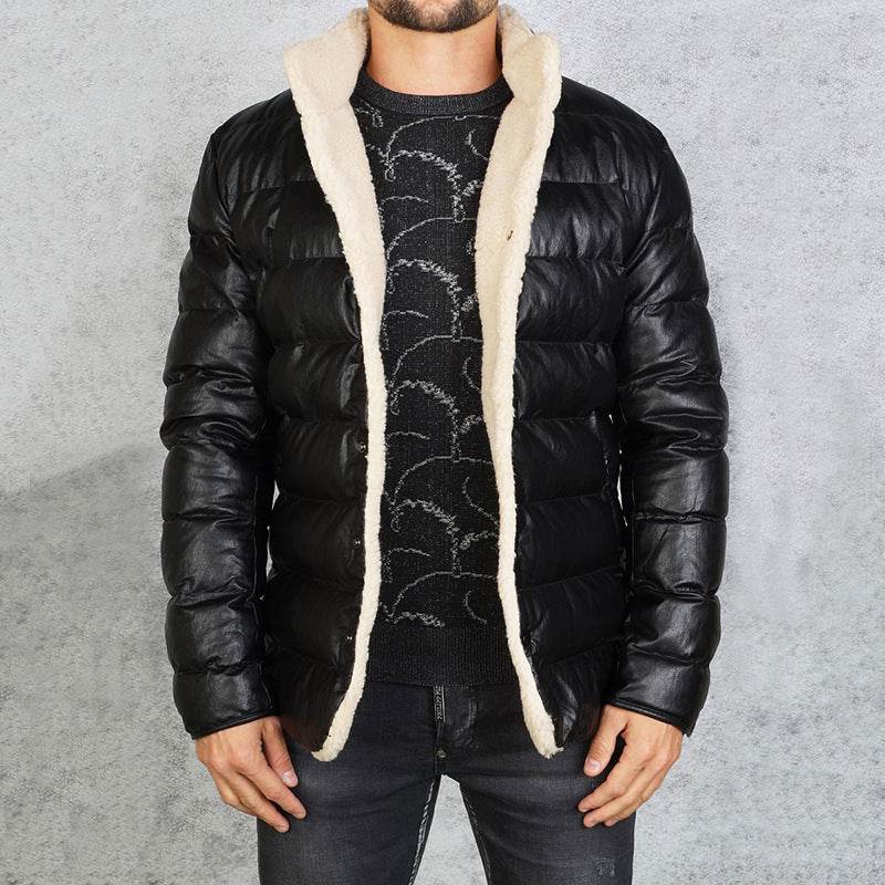 Black PU Leather Puffer Jacket Mid-length Slim-fit Men's Bread Jacket - Mubimart