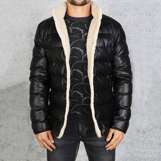 Black PU Leather Puffer Jacket Mid-length Slim-fit Men's Bread Jacket - Mubimart
