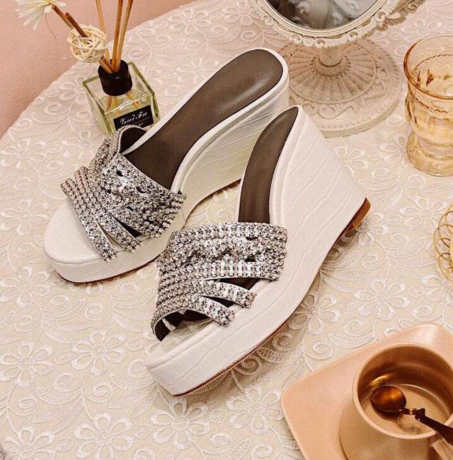 Fashion Wedge Heel Shiny Rhinestone Slippers - Mubimart