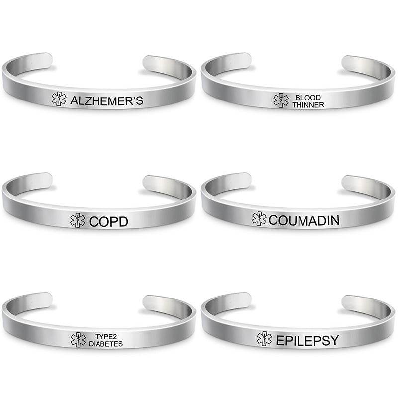 Fashion Silver Plated Medical Alert Cuff Bracelet EPILEPSY Diabetic Allergy Stainless Steel Bangle For Women Men - Mubimart