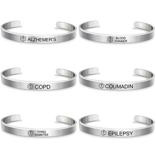 Fashion Silver Plated Medical Alert Cuff Bracelet EPILEPSY Diabetic Allergy Stainless Steel Bangle For Women Men - Mubimart