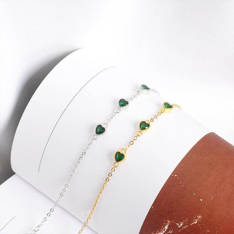French Retro S925 Sterling Silver Three Lovely Emerald Gemstone Bracelet - Mubimart