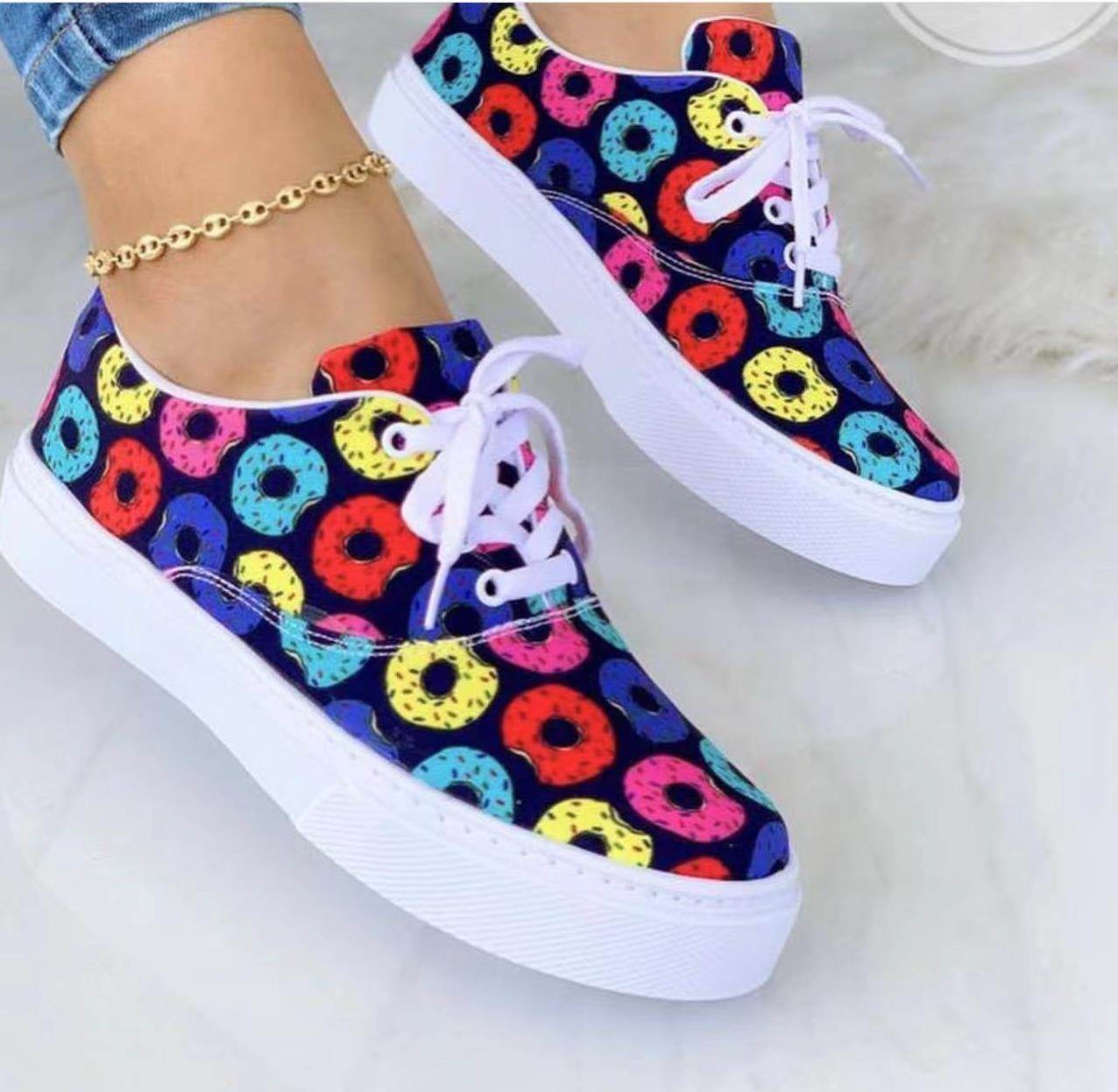 Lace-up Flats Shoes Print Canvas Fashion Walking Sneakers Women - Mubimart