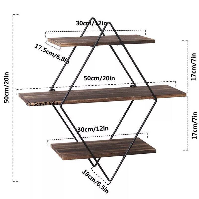 3 Tiered Floating Wall Mounted Display Shelf Wooden Shelves Black Frame Shelving - Mubimart