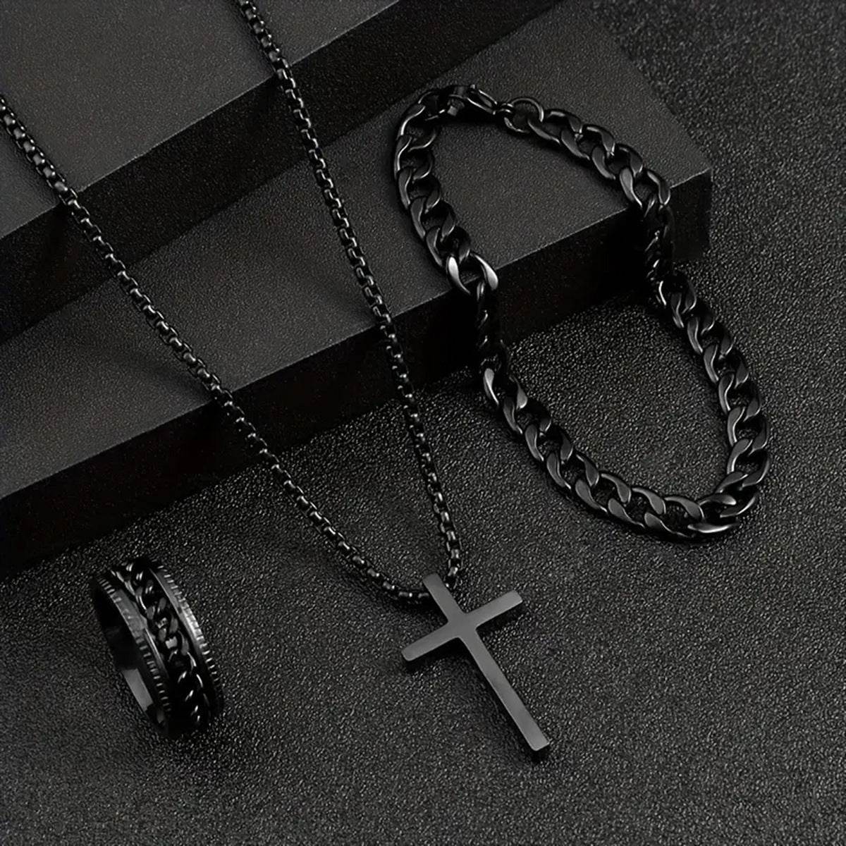 Men's Cross Necklace Ring Bracelet Suit - Mubimart
