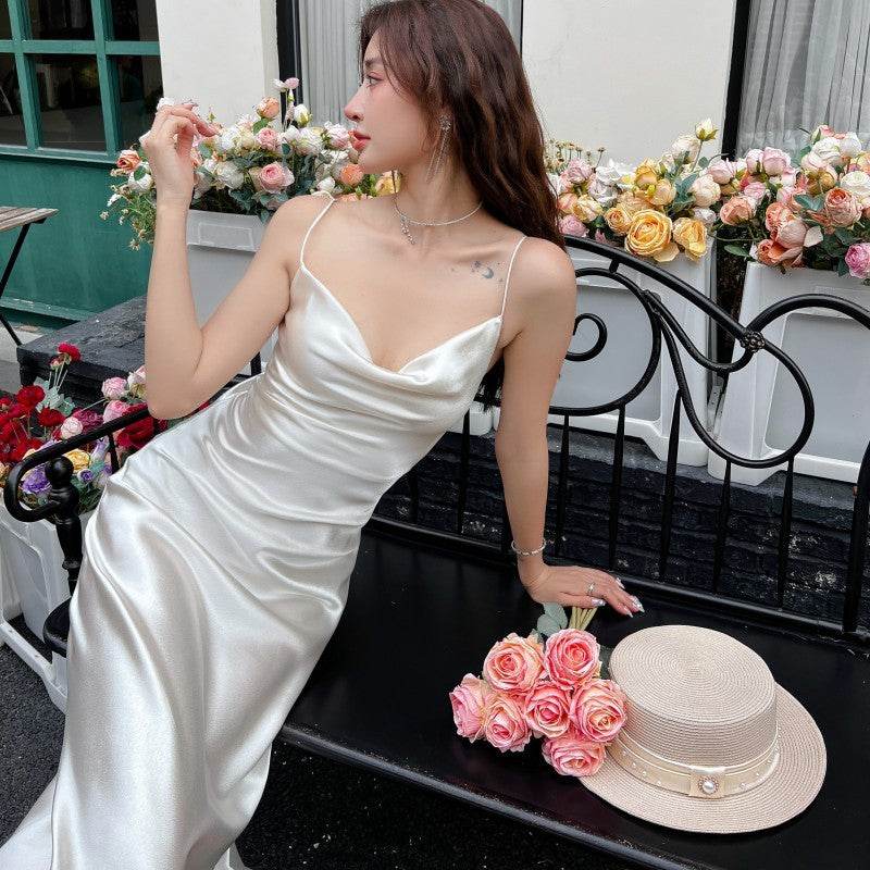 Acetate Strap Fairy Satin Sleeveless Dress Formal Dress - Mubimart